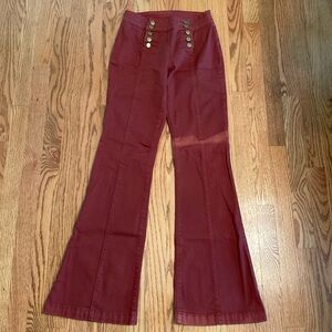 Forever 21 Highwaist Flare Leg Maroon Jeans Double Button Front Faded Spot Sz 26